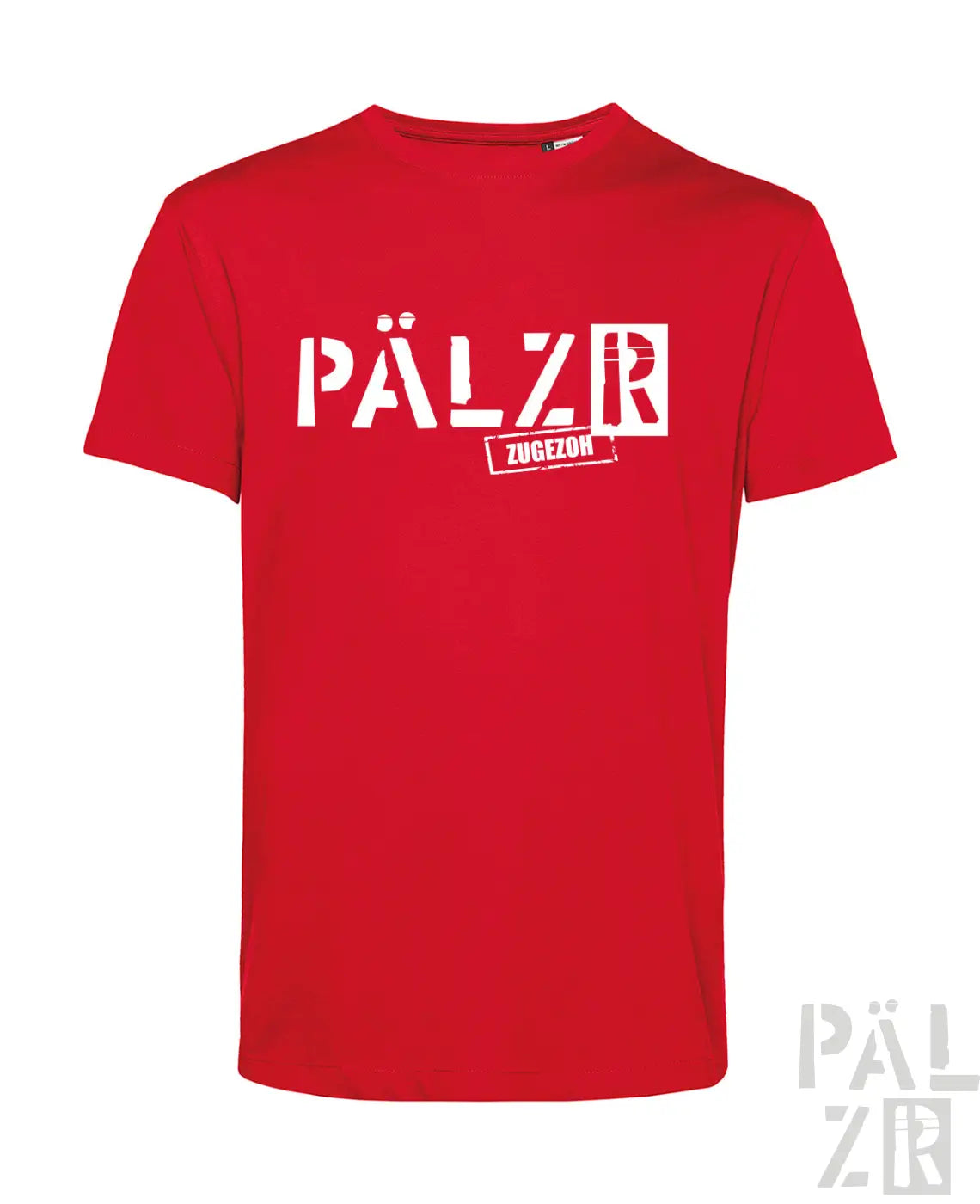 Rotes herren t-shirt mit kurzen ärmeln und weißem pälzr schriftzug sowie kleinem zugezoh stempel darunter