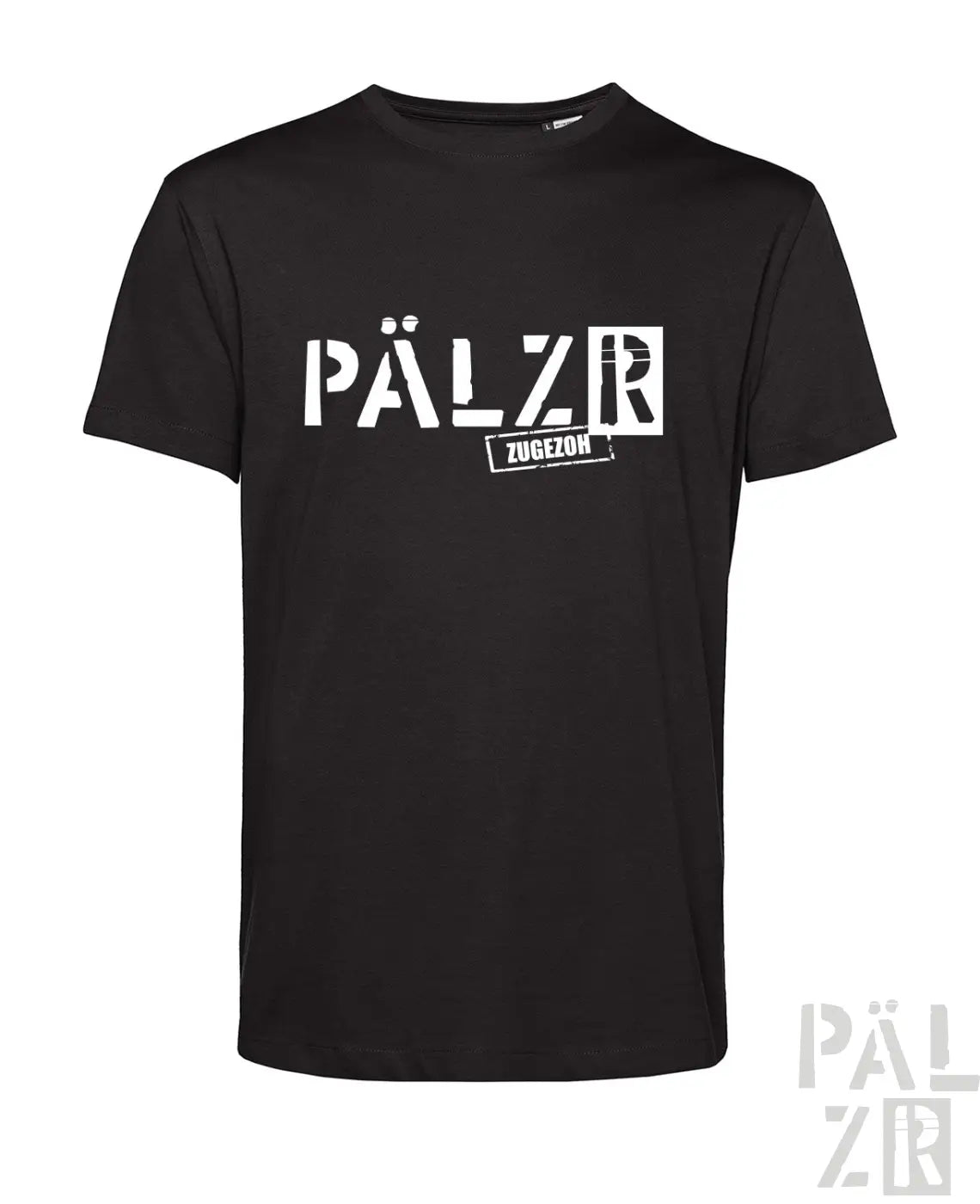Schwarzes männer t-shirt mit kurzen ärmeln und weißem pälzr zug ezoh schriftzug vorne in verschiedenen farben