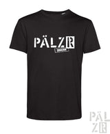 Schwarzes männer t-shirt mit kurzen ärmeln und weißem pälzr zug ezoh schriftzug vorne in verschiedenen farben