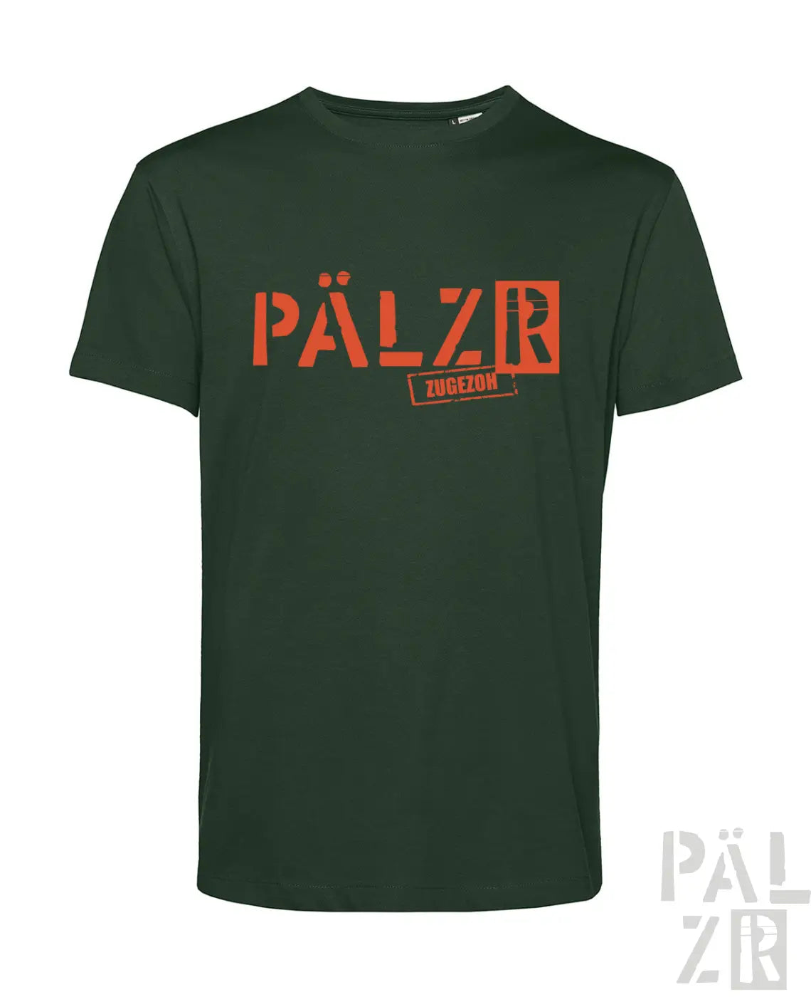Dunkelgrünes männer t-shirt mit kurzen ärmeln und auffälligem orangen pälzr schriftzug sowie kleinem zugezoh stempel