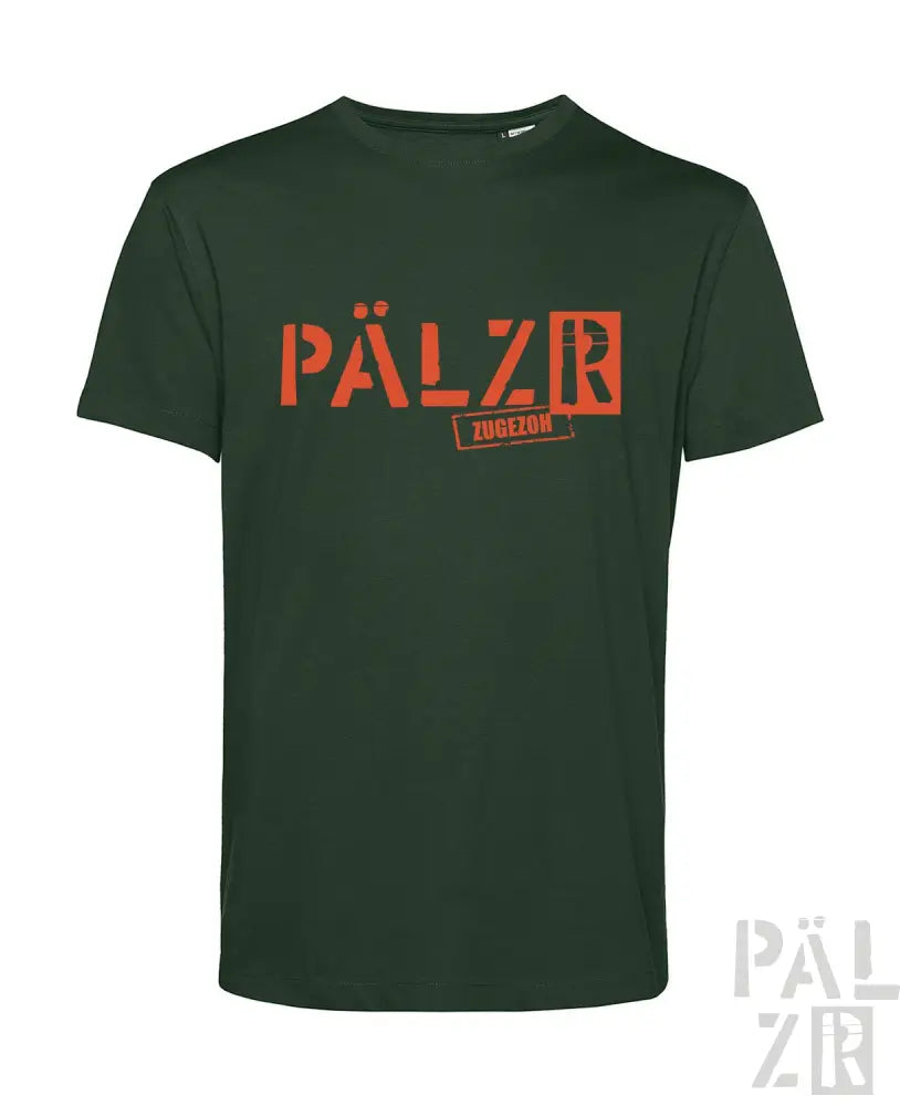 Dunkelgrünes T-Shirt mit ’pälzr’-Logo in orange-weißer Gestaltung, aus Baumwolle.
