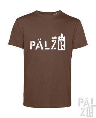 Braunes T-Shirt mit ’pälzr’-Design und Schloss-Silhouette, aus Baumwolle.