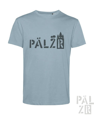 Hellblaues T-Shirt mit ‚pälzr‘-Logo und Burgen-Grafikdesign, aus Baumwolle gefertigt.