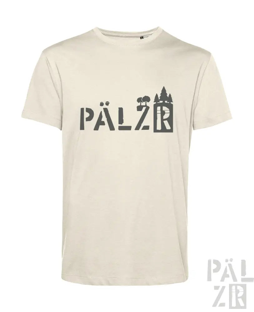 Cremeweiße T-Shirt mit schwarzem ’pälzr’-Logo und Burgruinen-Silhouettendesign.