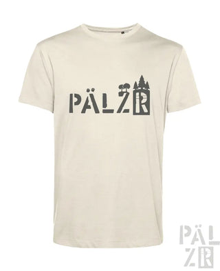 Cremeweiße T-Shirt mit schwarzem ’pälzr’-Logo und Burgruinen-Silhouettendesign.