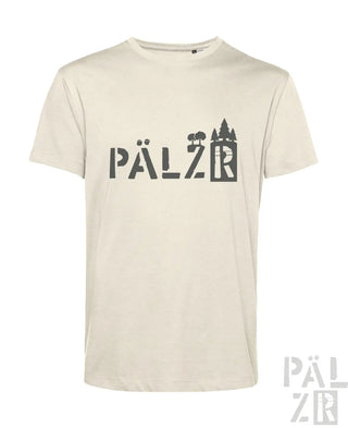 Cremeweiße T-Shirt mit schwarzem ’pälzr’-Logo und Burgruinen-Silhouettendesign.