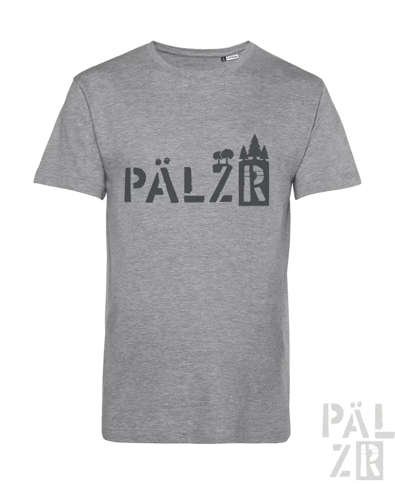 Graues T-Shirt mit schwarzem ‚pälzr‘-Logo und Burgsilhouettendesign.