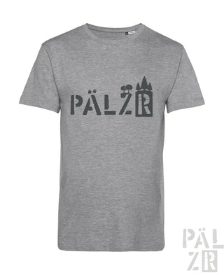 Graues T-Shirt mit schwarzem ‚pälzr‘-Logo und Burgsilhouettendesign.