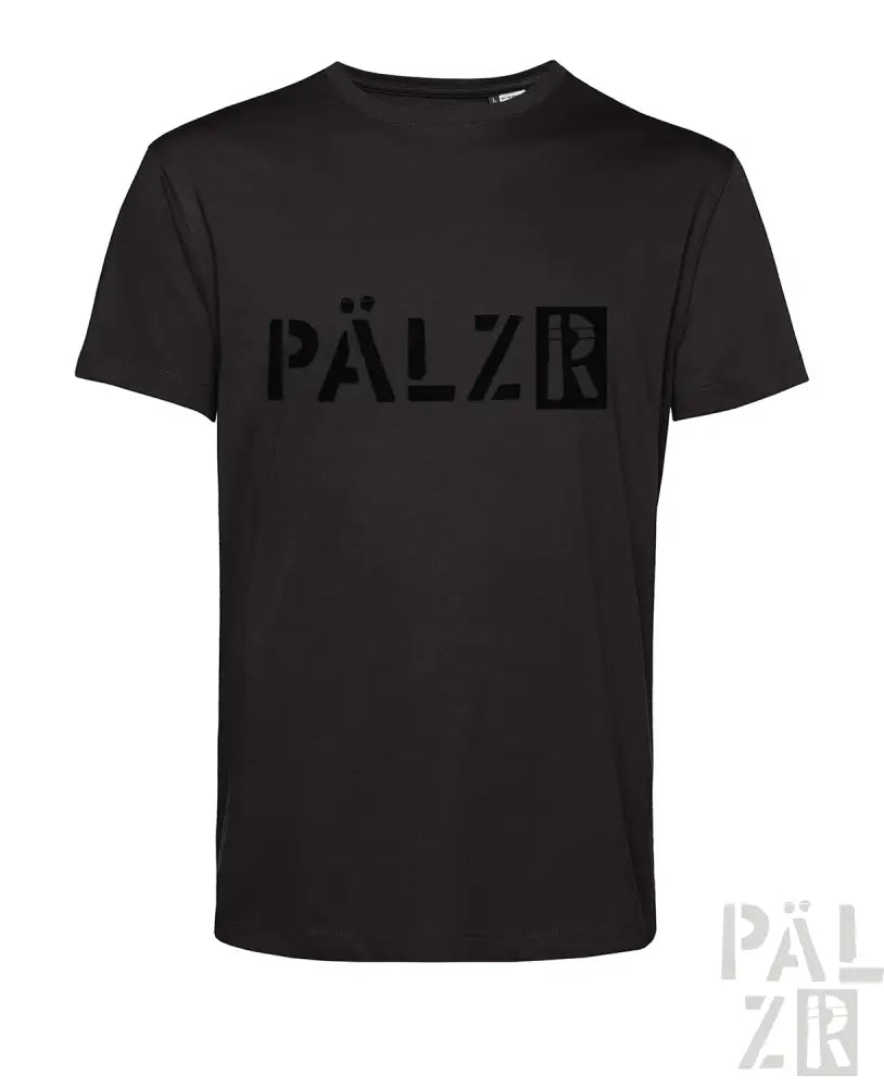 Schwarzes T-Shirt mit ’pälzr’-Logo-Design, aus Baumwolle.