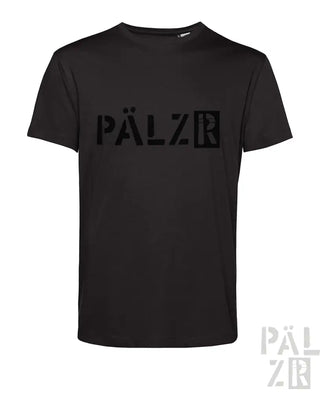 Schwarzes T-Shirt mit ‚pälzr‘-Logo-Design, aus Baumwolle.