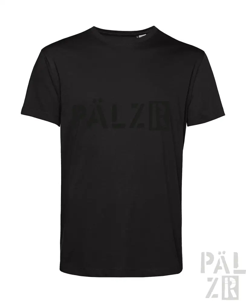 Schwarzes T-Shirt mit ’pälzir’-Logo-Design, aus Baumwolle.