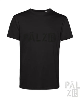 Schwarzes T-Shirt mit ’pälzir’-Logo-Design, aus Baumwolle.