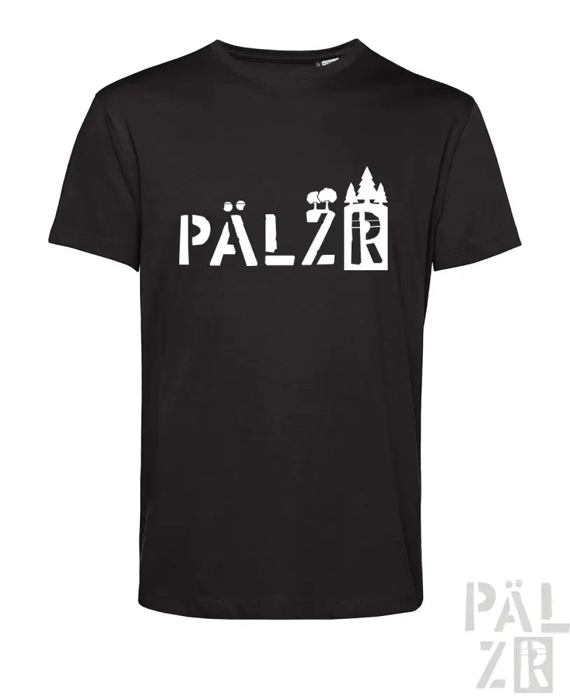 Schwarzes T-Shirt mit weißem „pälzr“-Text und Design mit einer Schloss-Silhouette.