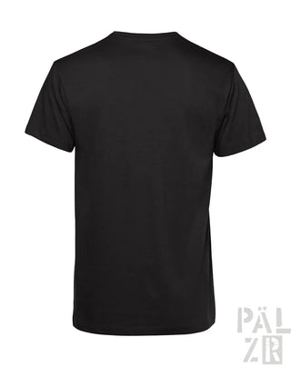 Schwarzes, einfarbiges T-Shirt mit kurzen Ärmeln und Rundhals.