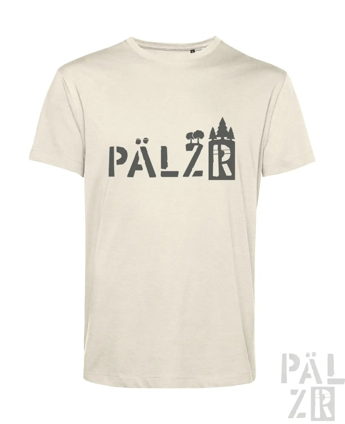 Beige kurzarm herren t-shirt mit schwarzem pälz schriftzug und stilisierten baum-silhouetten im design