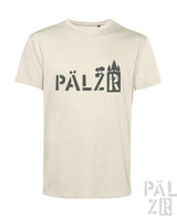 Beige kurzarm herren t-shirt mit schwarzem pälz schriftzug und stilisierten baum-silhouetten im design