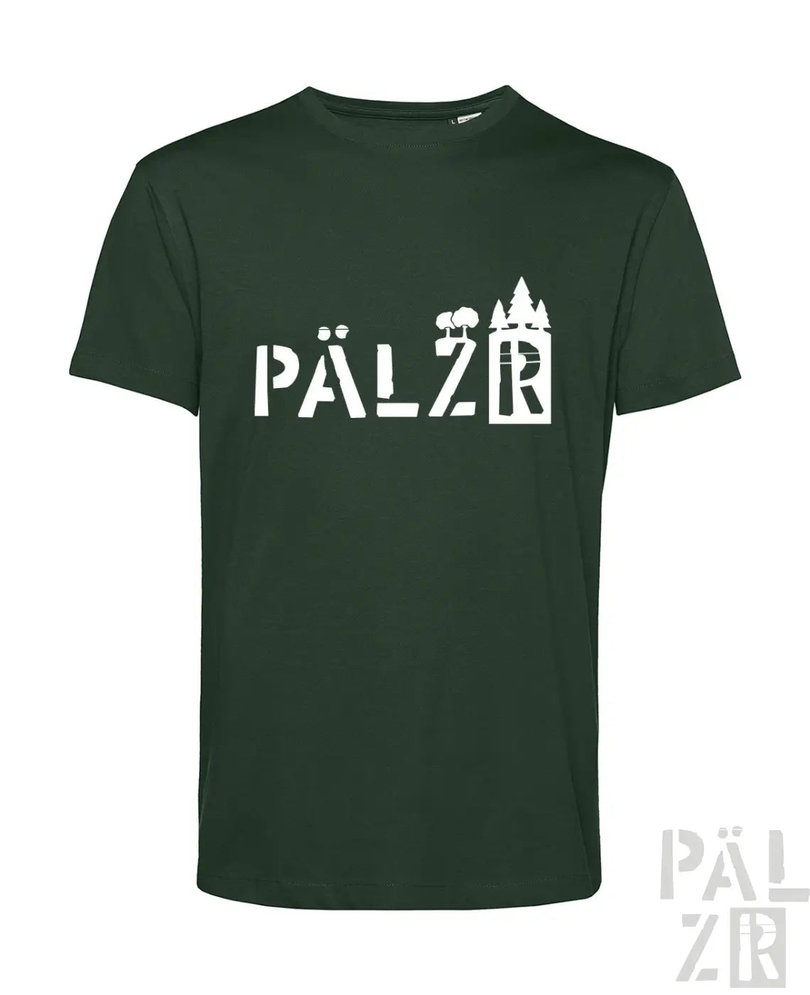 Dunkelgrünes baumwoll-t-shirt männer pälzrwald mit weißem grafikprint aus stilisierten wäldern und schloss-silhouetten