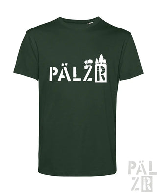 Dunkelgrünes baumwoll-t-shirt männer pälzrwald mit weißem grafikprint aus stilisierten wäldern und schloss-silhouetten