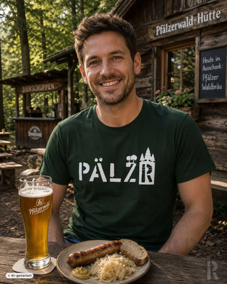 Dunkelgrünes männer t-shirt mit weißem pälzer schriftzug und stilisierten baumsilhouetten in verschiedenen farben