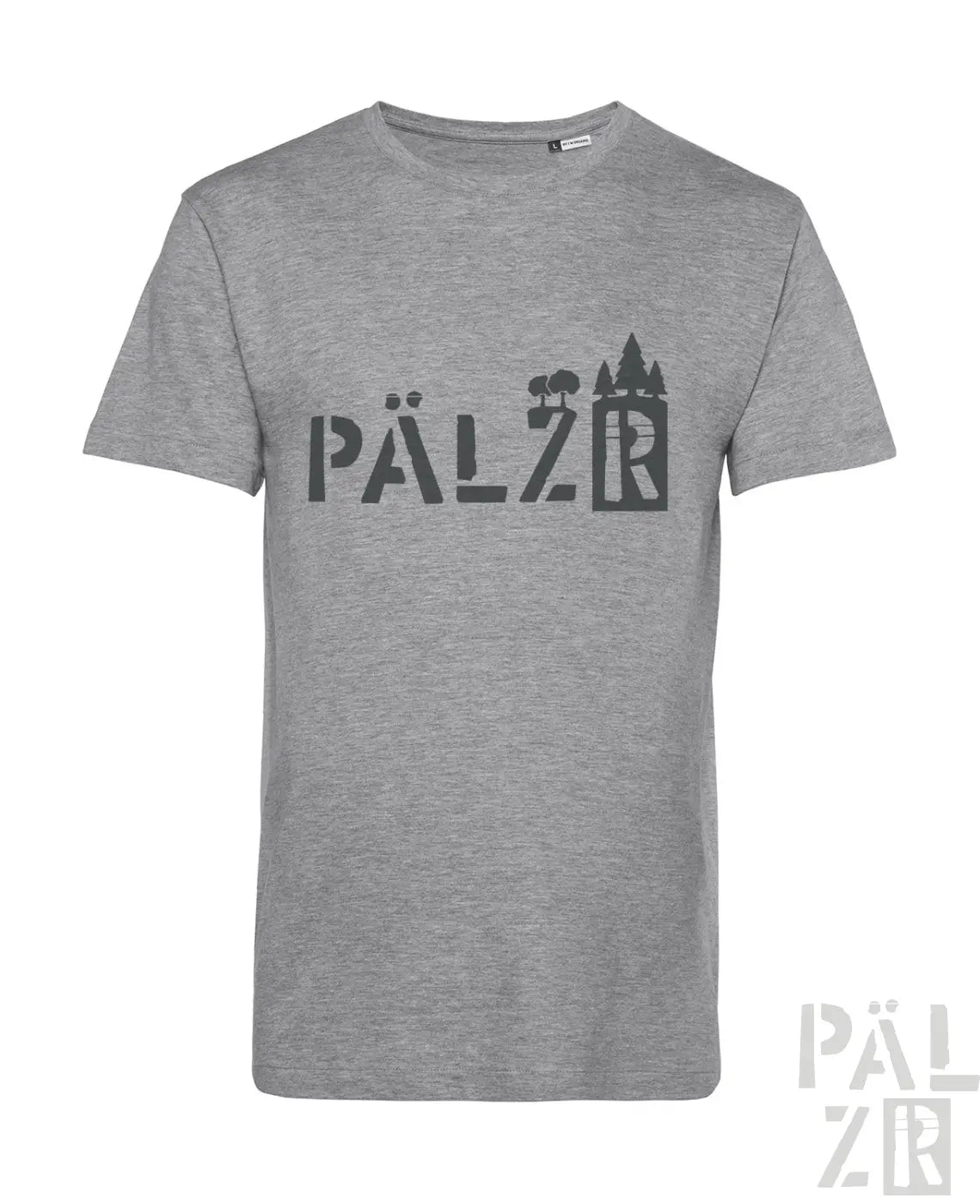 Graues meliertes herren t-shirt aus baumwolle mit dunklem pälzer wald grafik und stilisierten bäumen im schriftzug