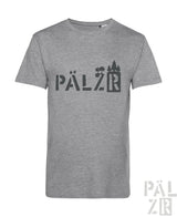 Graues meliertes herren t-shirt aus baumwolle mit dunklem pälzer wald grafik und stilisierten bäumen im schriftzug