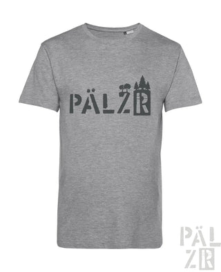 Graues meliertes herren t-shirt aus baumwolle mit dunklem pälzer wald grafik und stilisierten bäumen im schriftzug