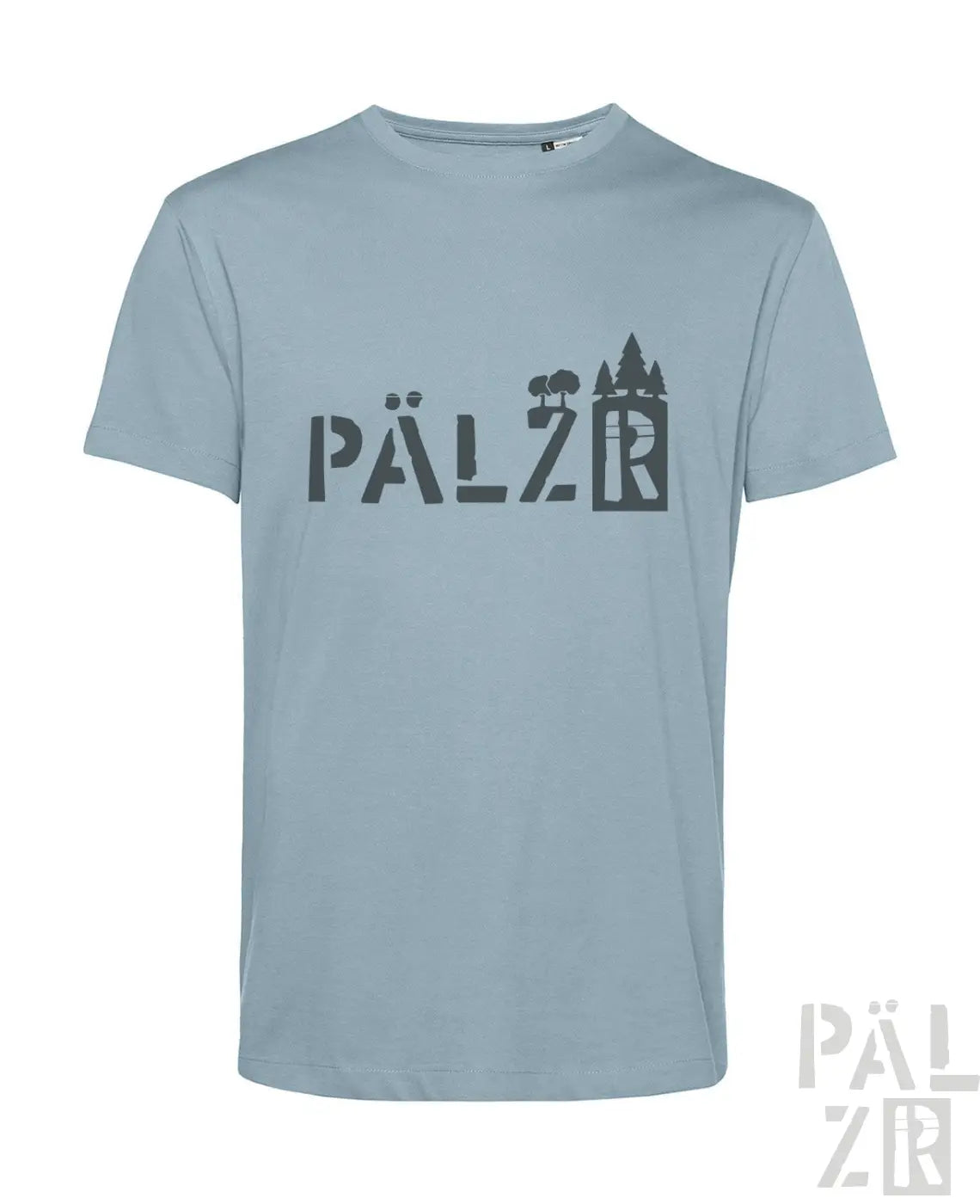 Hellblaues männer t-shirt mit kurzarm und dunklem grauem pälz wald grafikdruck aus verschiedenen farben