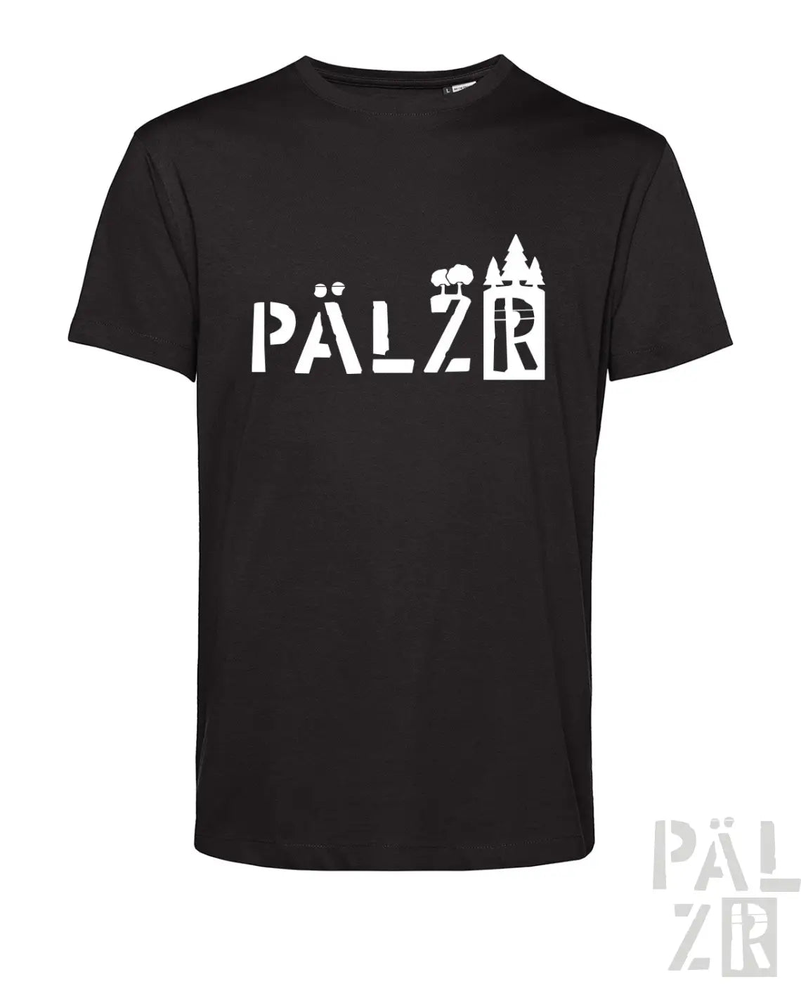 Schwarzes männer t-shirt mit weißem pälzrwald schriftzug und stilisierten bäumen und schloss im design