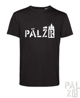 Schwarzes männer t-shirt mit weißem pälzrwald schriftzug und stilisierten bäumen und schloss im design