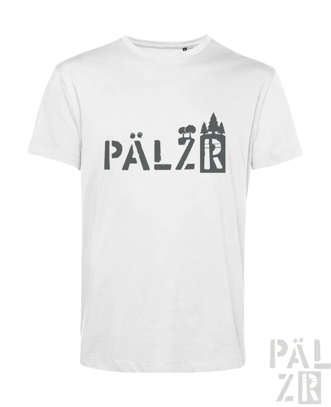 Weißes baumwoll männer t-shirt mit schwarzem grafikprint pälz und baum-silhouetten im schriftzug