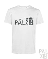 Weißes baumwoll männer t-shirt mit schwarzem grafikprint pälz und baum-silhouetten im schriftzug