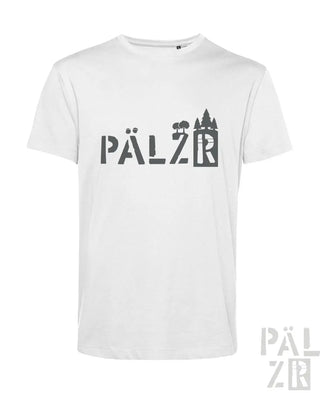 Weißes baumwoll männer t-shirt mit schwarzem grafikprint pälz und baum-silhouetten im schriftzug