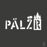Männer t-shirt pälzrwald mit weißem stilisiertem logo und baum- und burgsilhouetten auf dunkelgrauem hintergrund