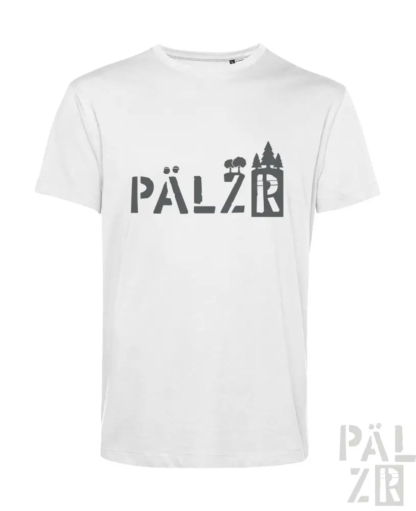 Weißes T-Shirt mit schwarzem „pälzr“-Text und Burgen-Grafikdesign.