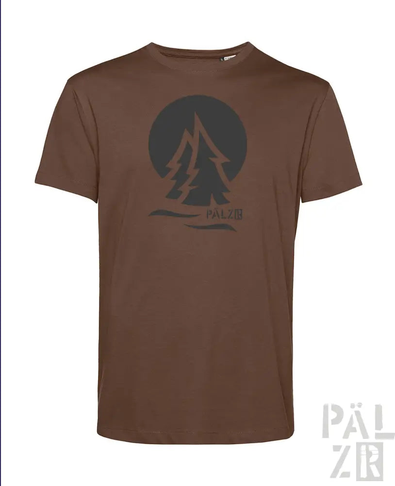 Braunes T-Shirt mit schwarzem Baum-Design und Logo, Pälzkr-Marke.