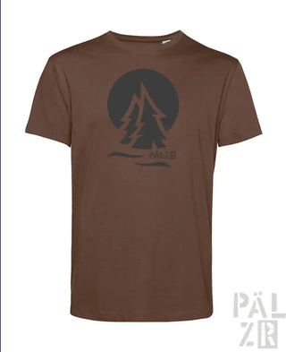 Braunes T-Shirt mit schwarzem Baum-Design und Logo, Pälzkr-Marke.