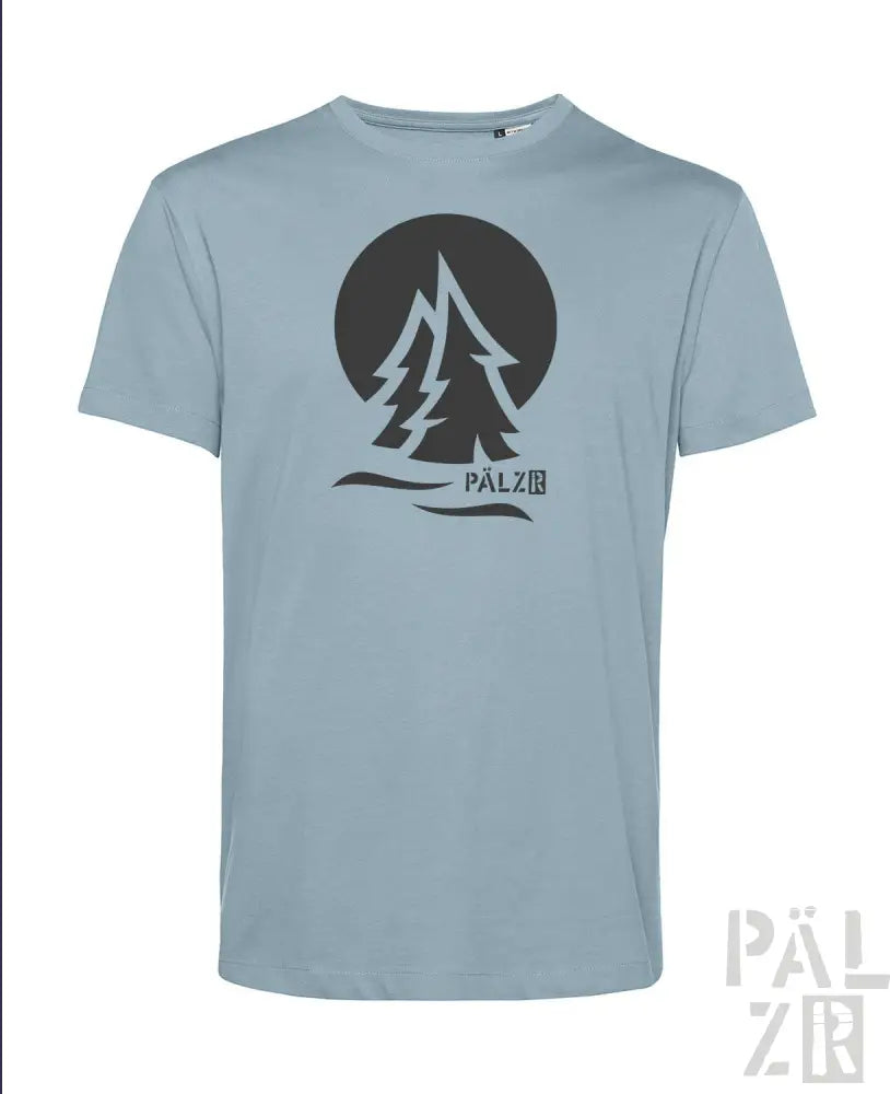 Hellblaues T-Shirt mit schwarzem Baum-Design und ’palzir’-Logo.