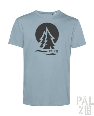 Hellblaues T-Shirt mit schwarzem Baum-Design und ’palzir’-Logo.