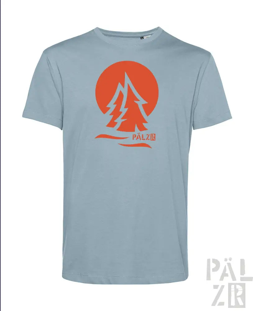 Hellblaues T-Shirt mit rotem Baum-Design und Logo, Marke Pälzar.