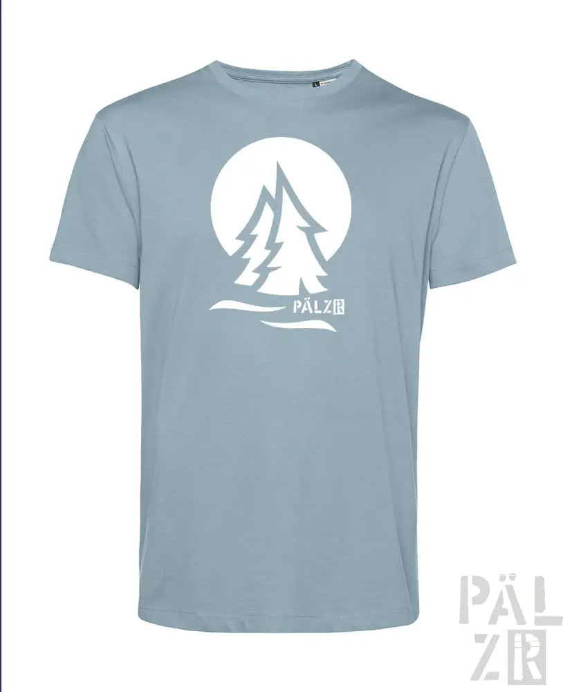 Hellblaues T-Shirt mit weißem Baum-Design und Text „palzer“ auf der Vorderseite, aus Baumwolle gefertigt.