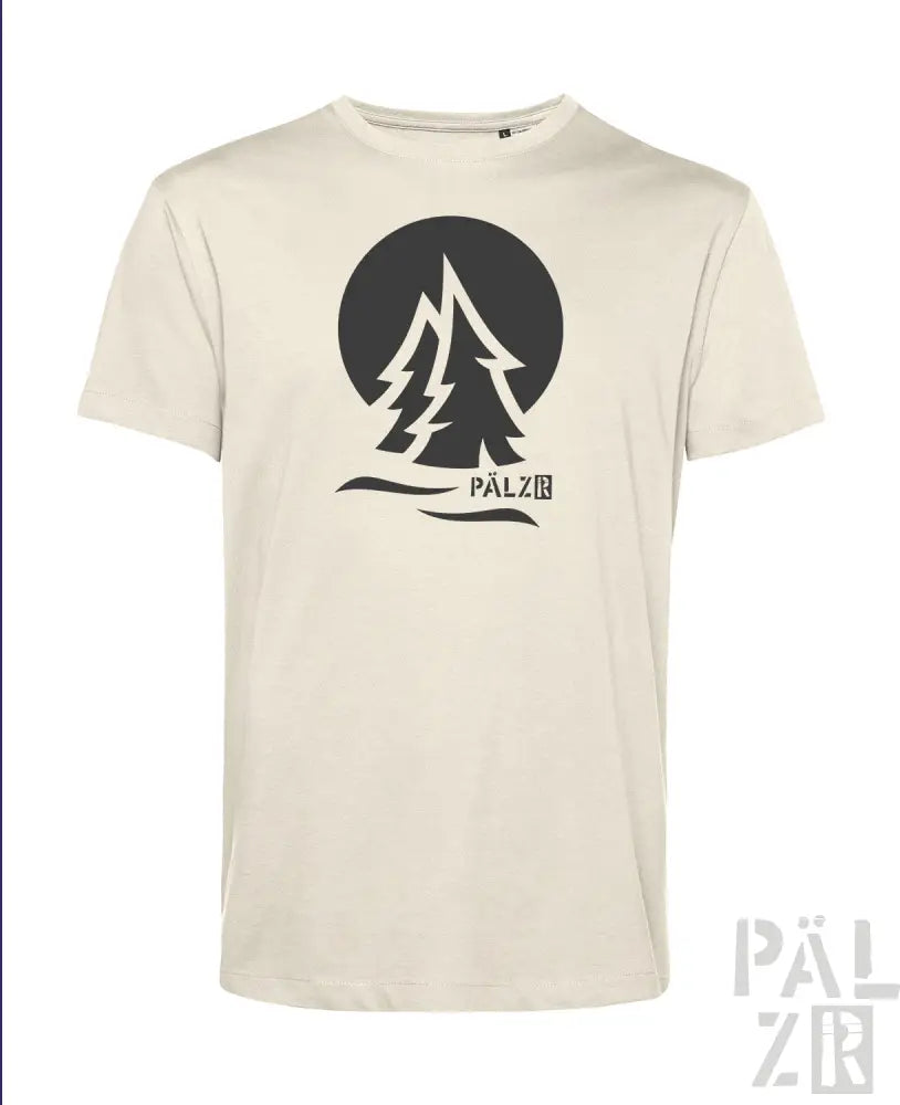Cremeweiße T-Shirt mit schwarzem Baum-Design und Text ’palzir’ auf der Vorderseite.