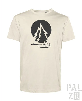 Cremeweiße T-Shirt mit schwarzem Baum-Design und Text ’palzir’ auf der Vorderseite.