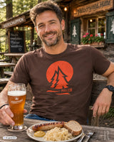 Männer t-shirt pälzrwald zwei creme mit anthurazit logo und braunem orangefarbenem kreisgrafik mit baummotiv