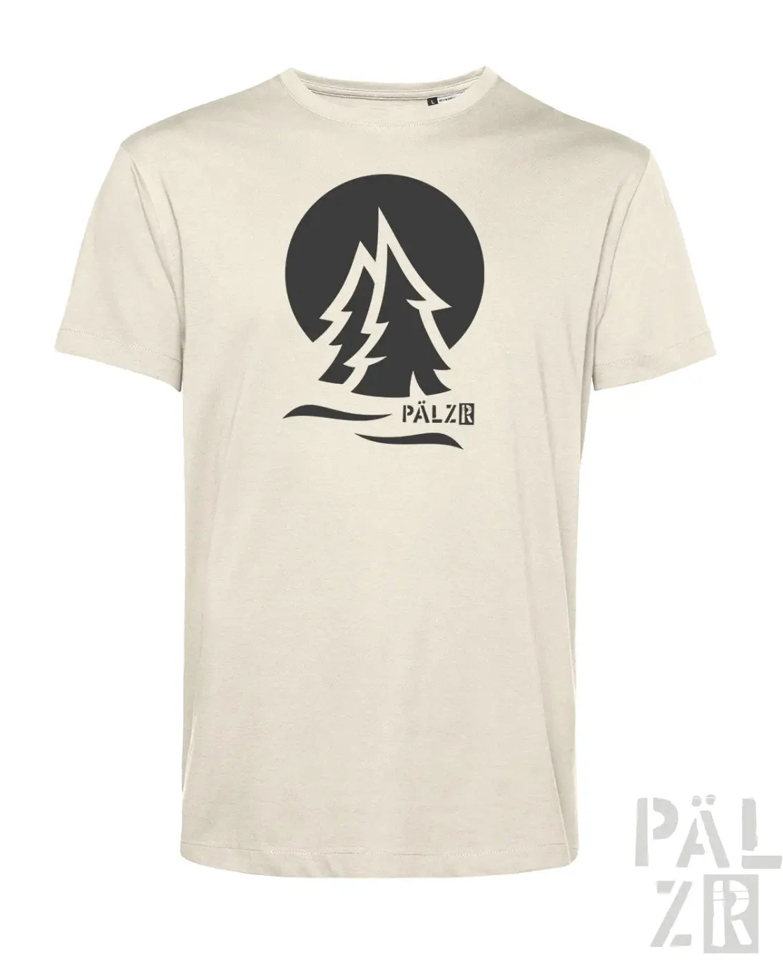 Cremeweiße T-Shirt mit schwarzem Baum-Design und Text ’palzir’ auf der Vorderseite.
