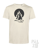 Cremeweiße T-Shirt mit schwarzem Baum-Design und Text ’palzir’ auf der Vorderseite.