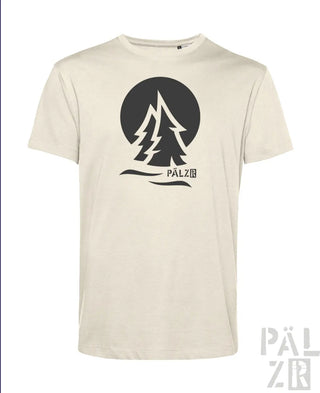 Cremeweiße T-Shirt mit schwarzem Baum-Design und Text ’palzir’ auf der Vorderseite.
