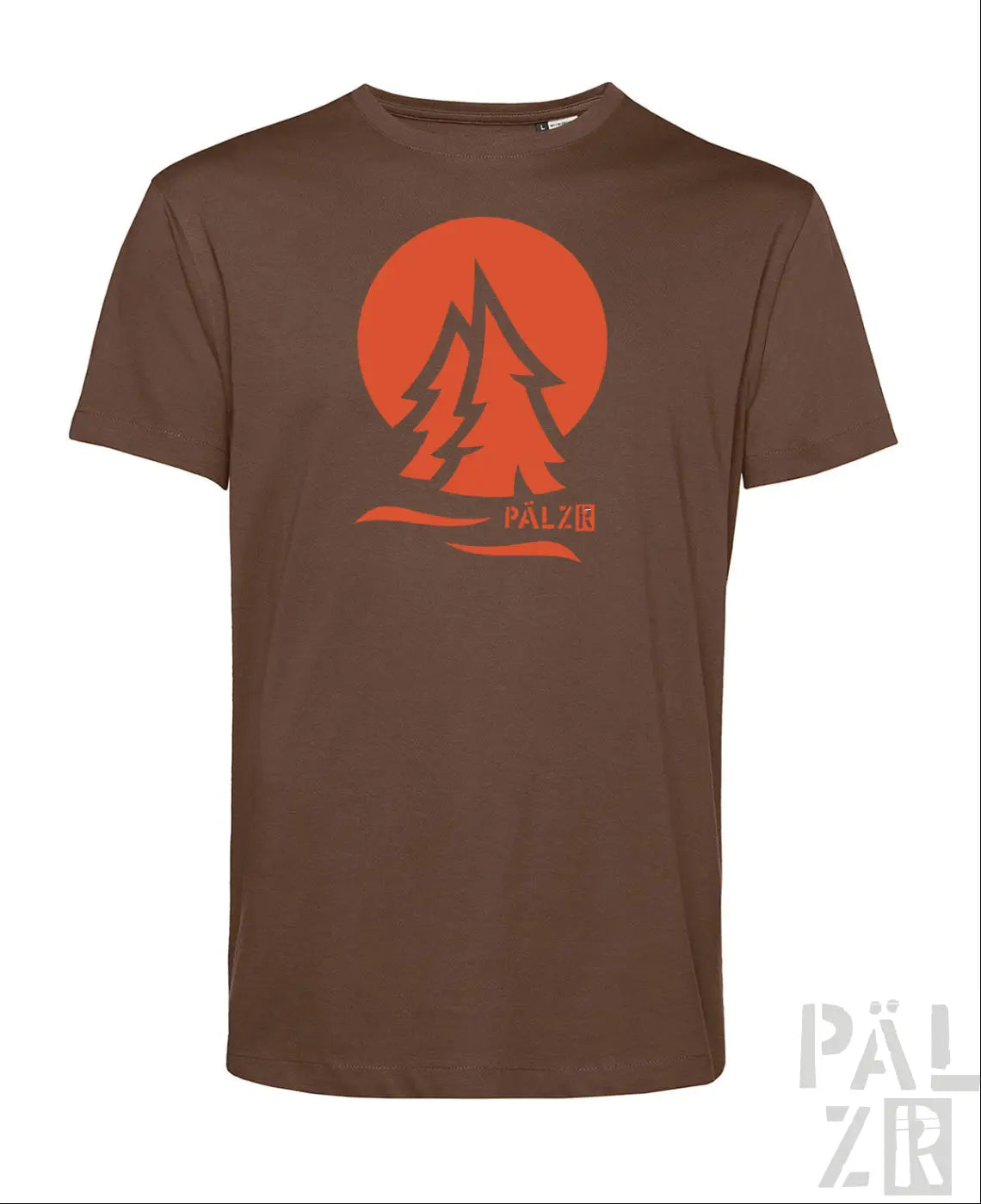 Braunes männer t shirt mit kurzem arm und orangem pälz logo mit stilisierten kiefern und sonnenmotiv