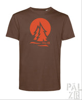 Braunes männer t shirt mit kurzem arm und orangem pälz logo mit stilisierten kiefern und sonnenmotiv