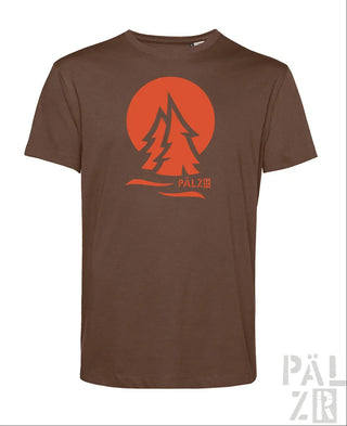 Braunes männer t shirt mit kurzem arm und orangem pälz logo mit stilisierten kiefern und sonnenmotiv