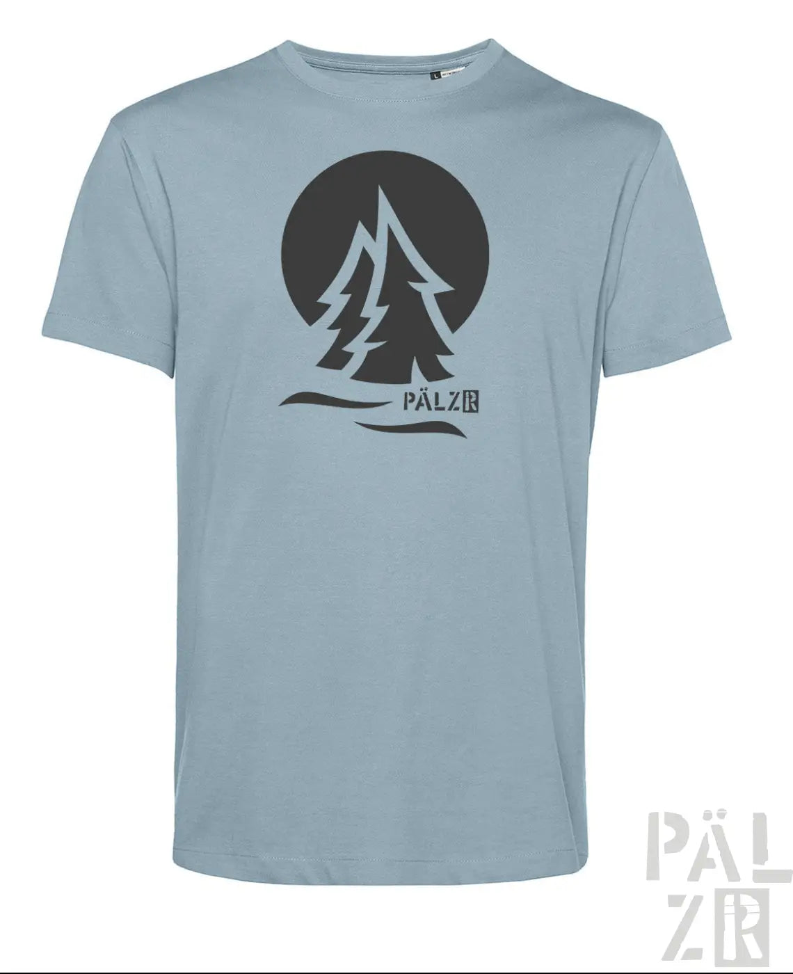 Männer t-shirt in hellblau mit schwarzem logo stylisierte kiefern und pälz schriftzug creme anthrazit